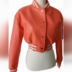 NWOT ❗️ Daisy faux leather Cropped bomer moto jacket orange  color size S